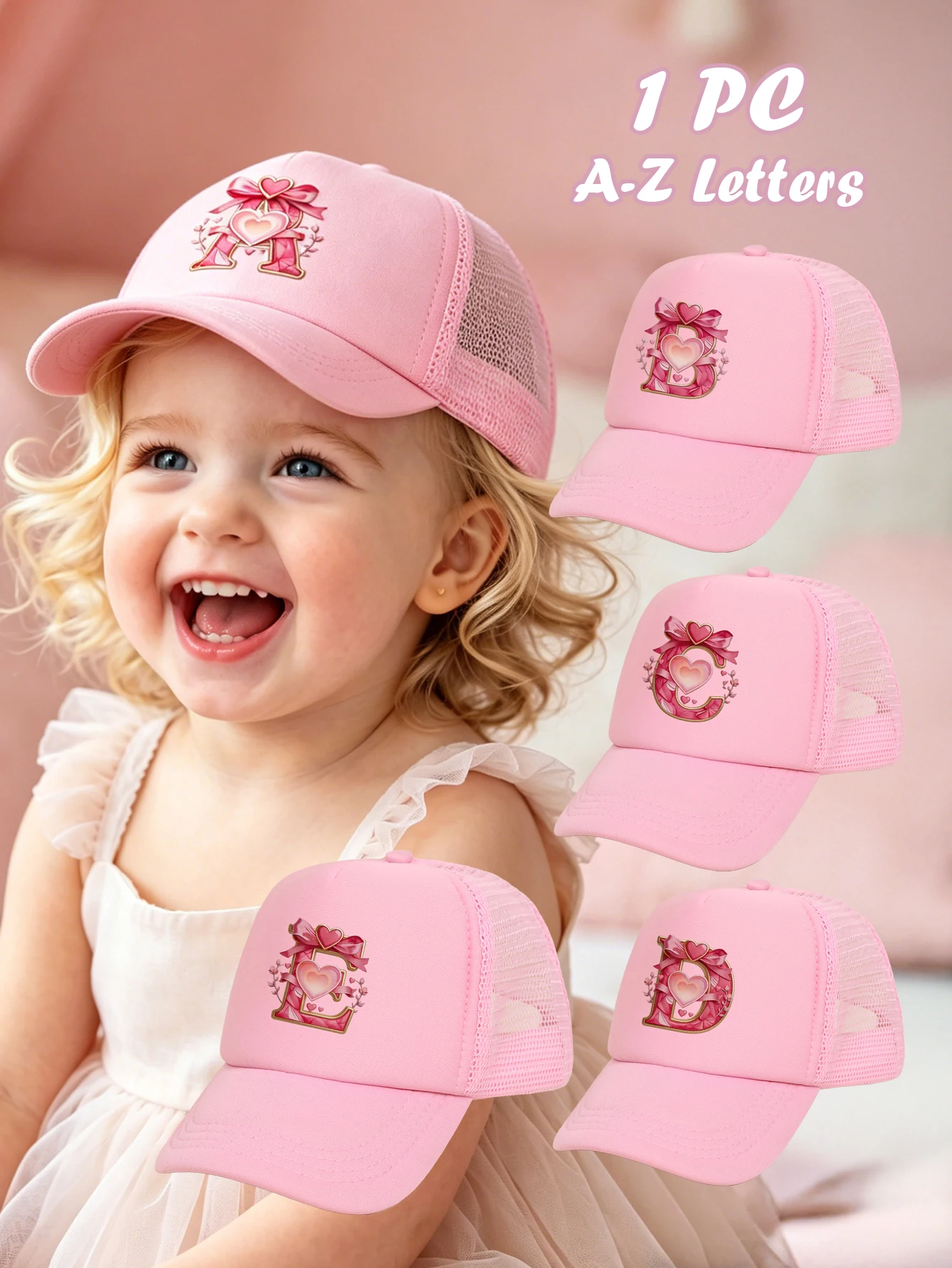 1pc pink baby hat  Adjustable Youngsters' Baseball Cap with A-Z letter Heart Bow Initial - Breathable Sun Hat for Boys and Girls