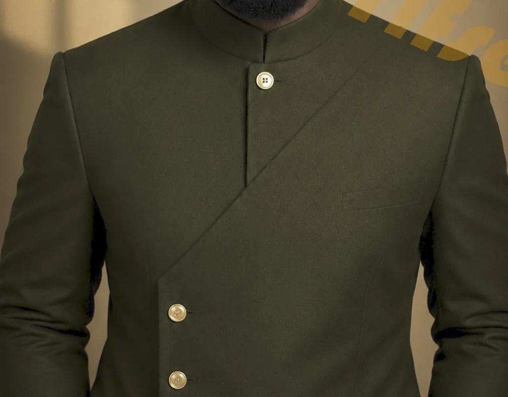 Army Green Unique Design Stand Collar Social Men Suit Set Custom Made Jacket Pants Party Blazer Trousers Outfits Double Placket