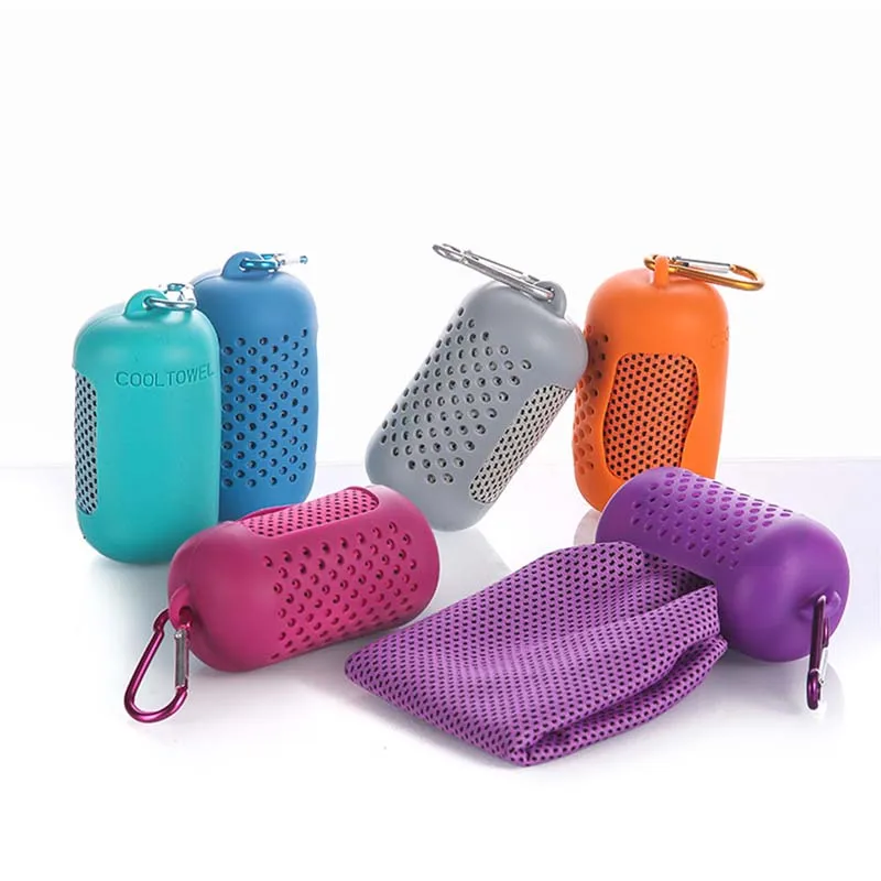 Outdoor Sports Cooling Towel with Travel Silicone Case Portable Breathable Quick Dry Cold Feeling Fitness Sweat Towel