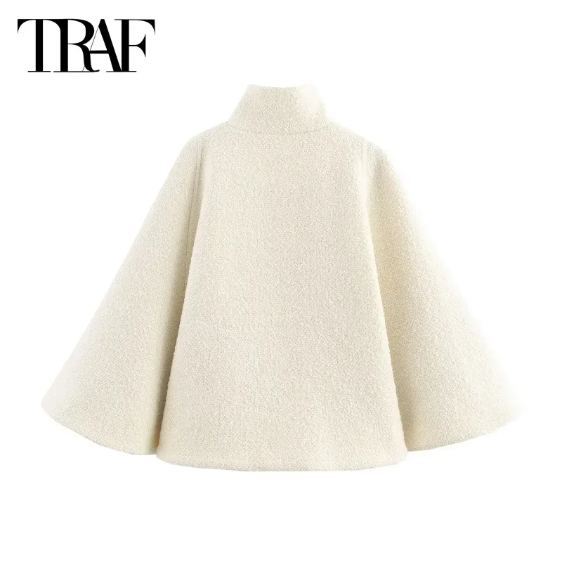 TRAF Women's Beige Short Cape Coat 2024 Warm Winter Large Size Long Sleeve Cropped Cloak Casual Elegant Coat New In Outerwears