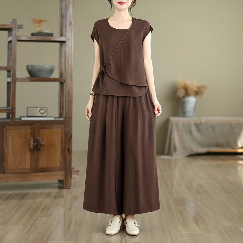 

Faionable Wide Leg Pants Set Pure Color Loose Fit Two Piece Suite Ele Sle Cotton Material round Ne Long Pants
