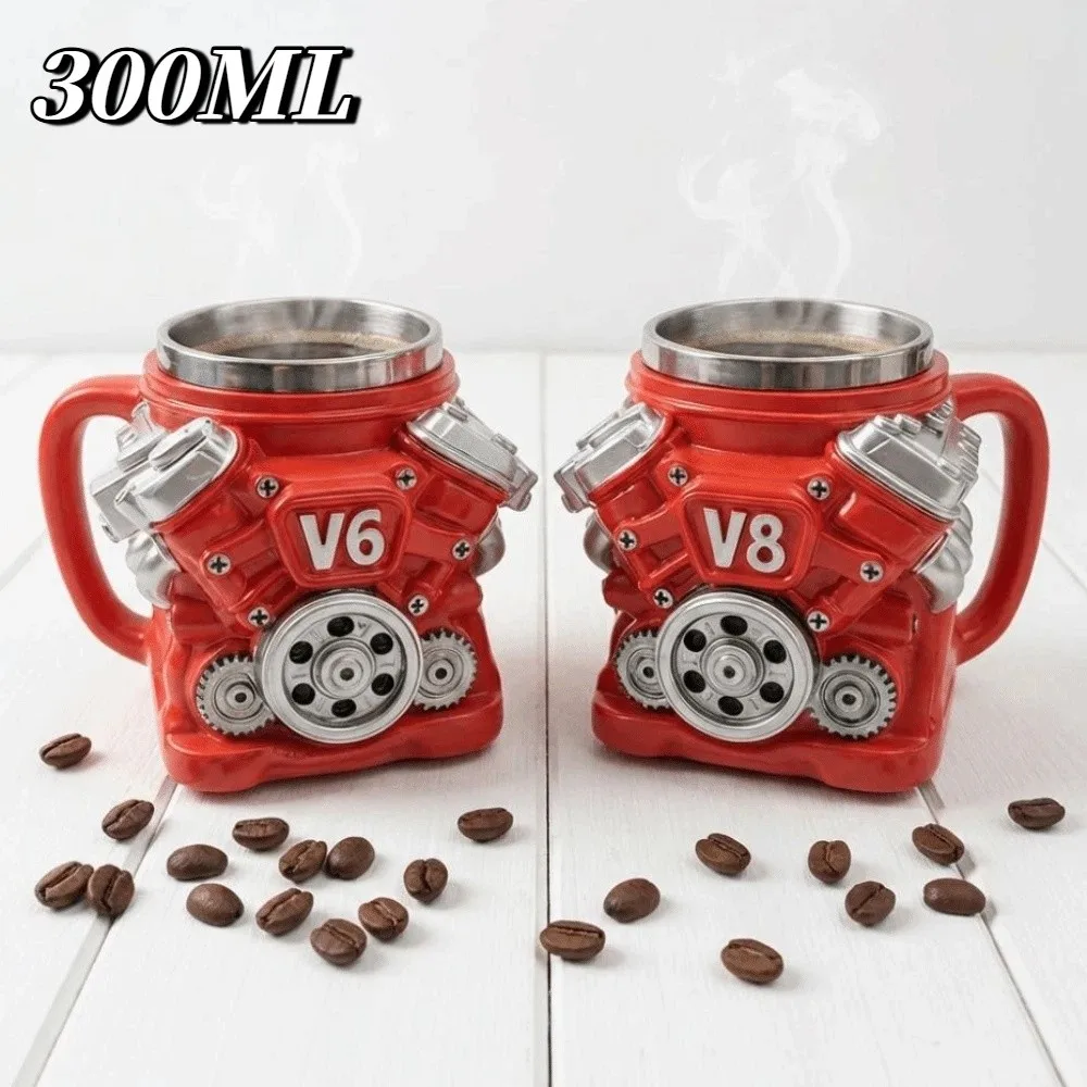 Retro Engine Coffee Mug Double Wall 300ML V8 Engines Stainless Steel Cup with Handle Realistic Design Insulation Car Mug