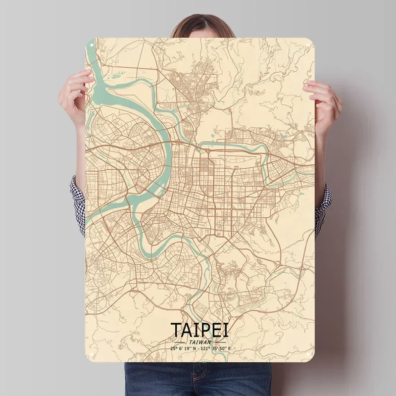 Тайбей винтажная карта плакат карта металлическая вывеска аксессуары для кафе-бара на заказ жестяные таблички для настенного художественного украшения декор ванной комнаты ретро