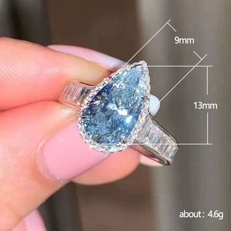 Huitan Personality Blue Water-drop-shaped CZ Rings for Women Elegant Bridal Wedding Ceremony Party Jewelry Statement Accessories