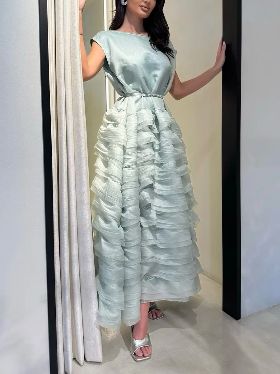 VGH Elegante Gesplitste Tiered Ruches Jurk voor Vrouwen O Hals Mouwloos Patchwork Lace Up Slanke Formele Avond Bladerdeeg Jurken Vrouwelijke