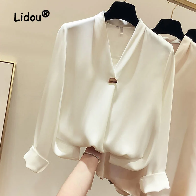 Solid Color Loose Temperament Blouse Women New Classic Long Sleeve V-neck Korean Office All-match Pullover Chiffon Shirt