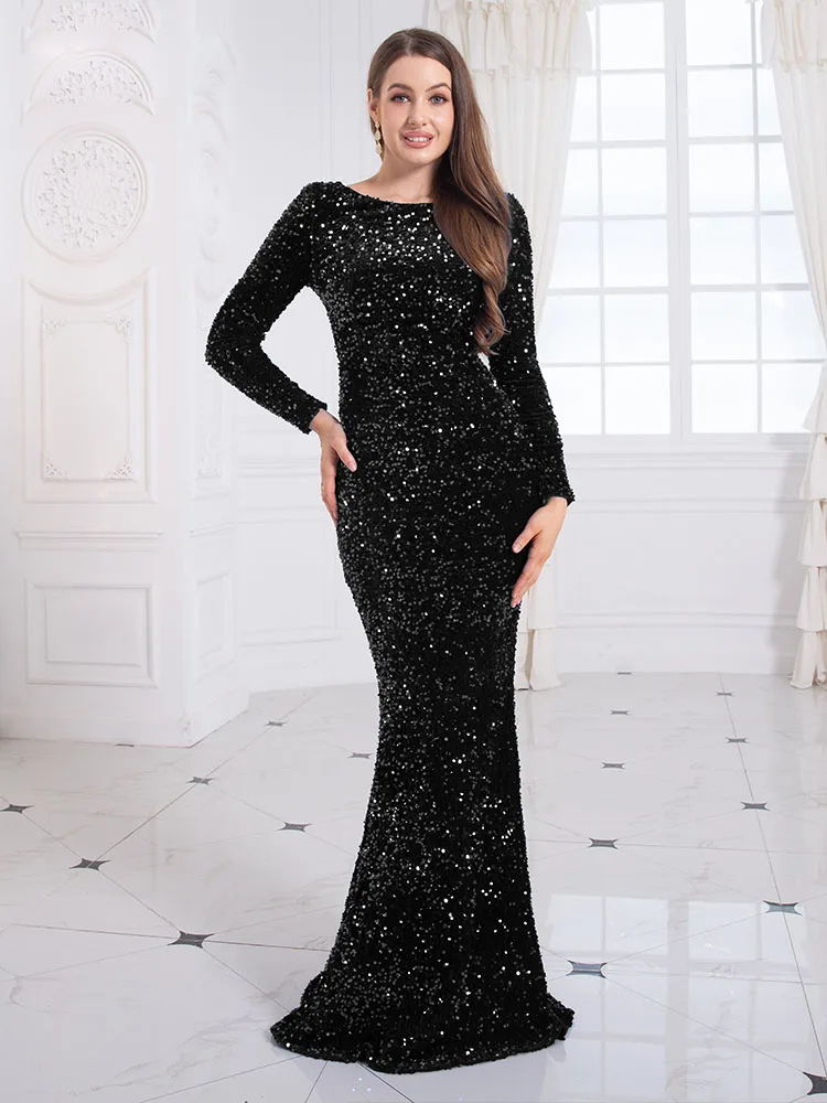 Women Modest Stretch Sequin Royal Blue Evening Prom Gown Party Long Sleeve Mermaid Formal Dinner Winter Dress Elegant 2023