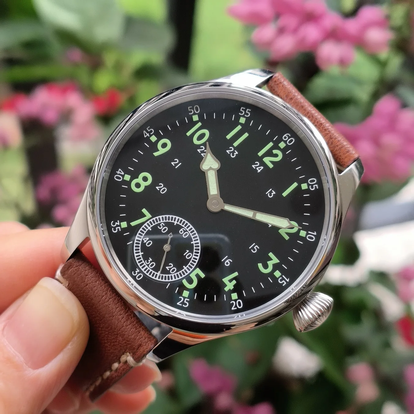 none logo 41mm 316L stainless steel case AR sapphire crystal Black dial green number luminous Mechanical Hand Wind watch