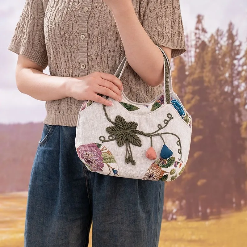 Vintage Ethnic Linen Handbag Women 3D Macrame Floral Tote Bag Patchwork Floral Print Canvas Shoulder Bag Retro Boho Daily Shoppi