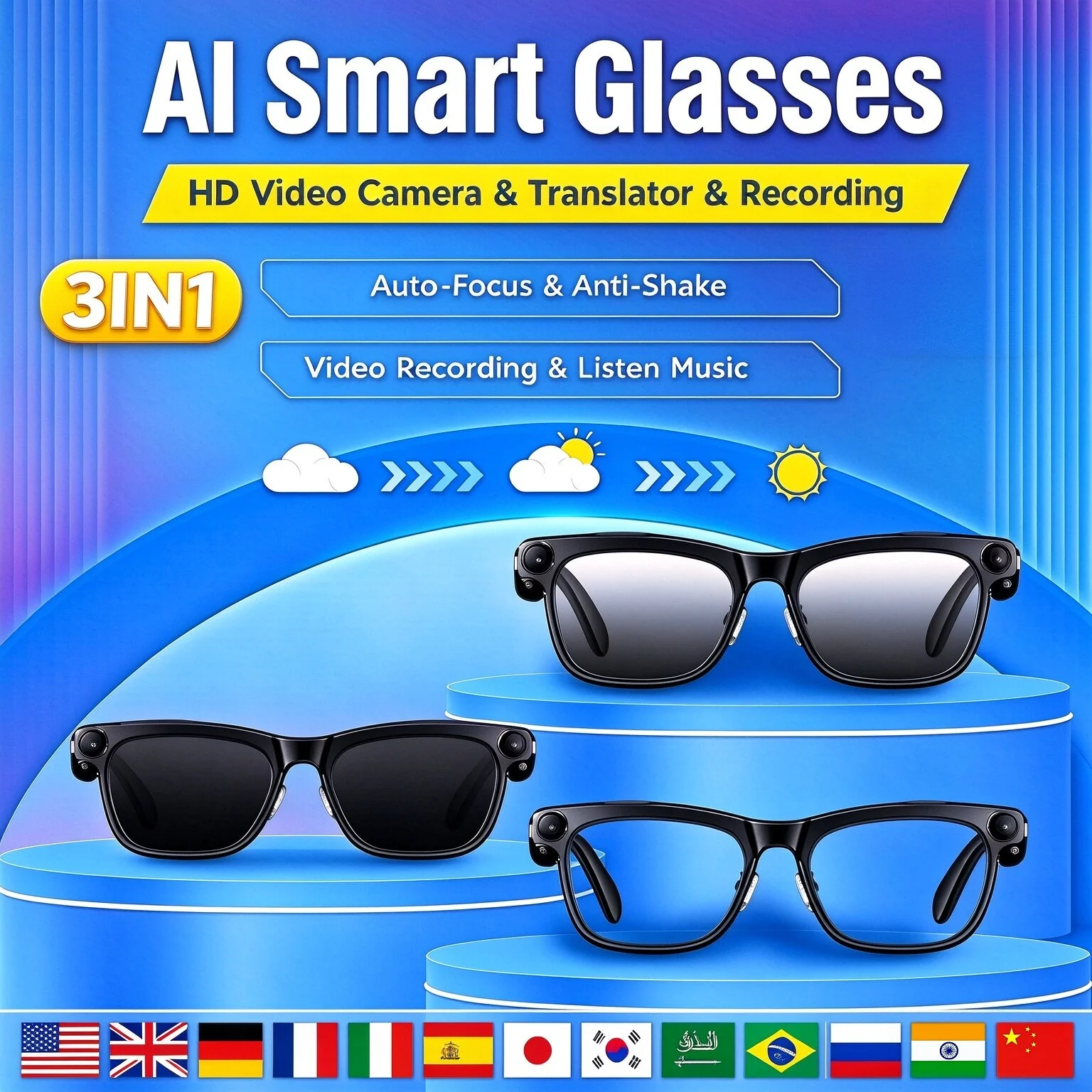 2026 New Smart AI Glasses HD Video Record Camera Glasses ChatGPT Bluetooth Call 100+ Languages Translation Cycling Sunglasses