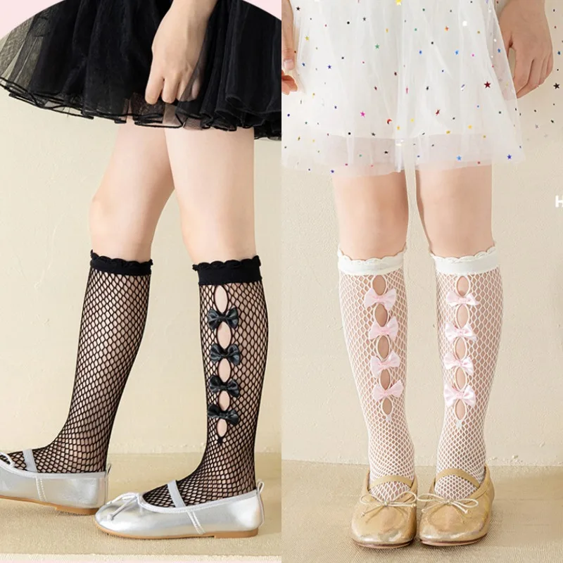 

Lolita Hollow Stockings for Children Baby Girl's Sewing Multiple Bows Nylon Fishing Net Knee Socks， Cute Mesh High Stockings