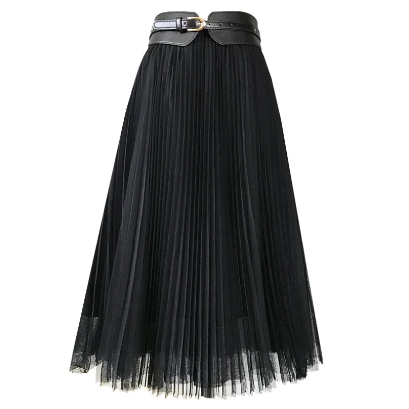 

Elegant Women Summer Mid-Calf Mesh Black Skirts With Vintage Belts Office Ladies Spring High Waist Sashes Skirt DS398