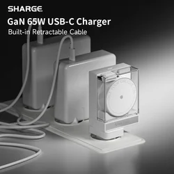 SHARGE 65W GaN Charger PD3.0 Type C QC3.0 2.0 Quick Charge Built-in 70cm Fast Charging USB-C Cable for iPhone16 MacBook iPad Pro