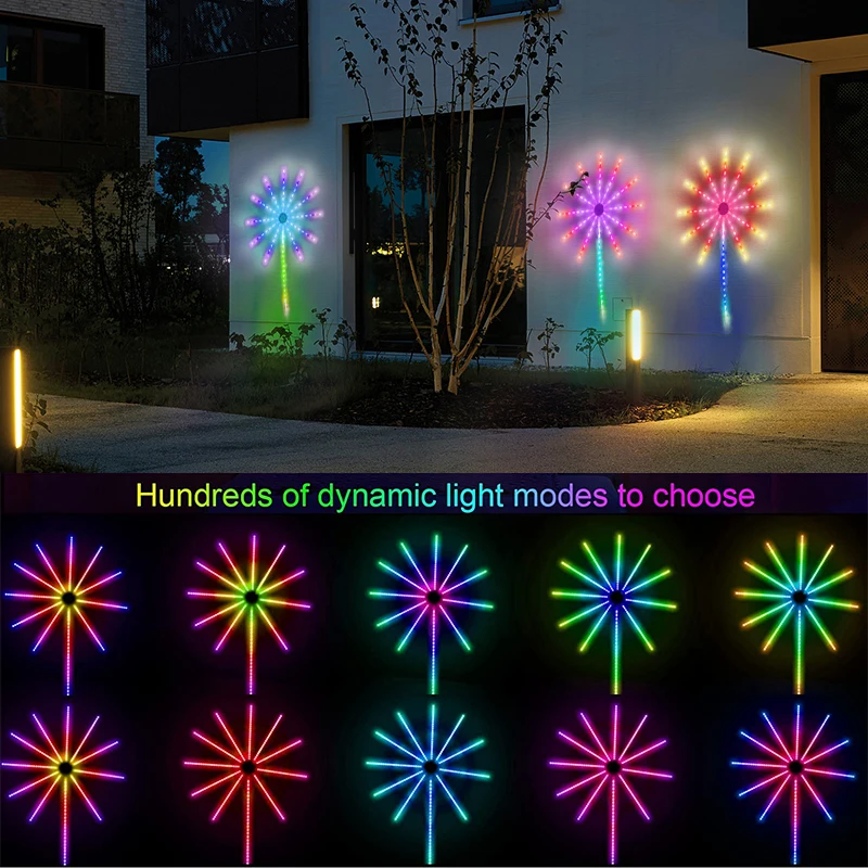 Solar LED Fireworks Lights RGBIC Cor Mudar Strip Light Music Sync Lâmpada de parede impermeável com controle remoto Decoração do Natal