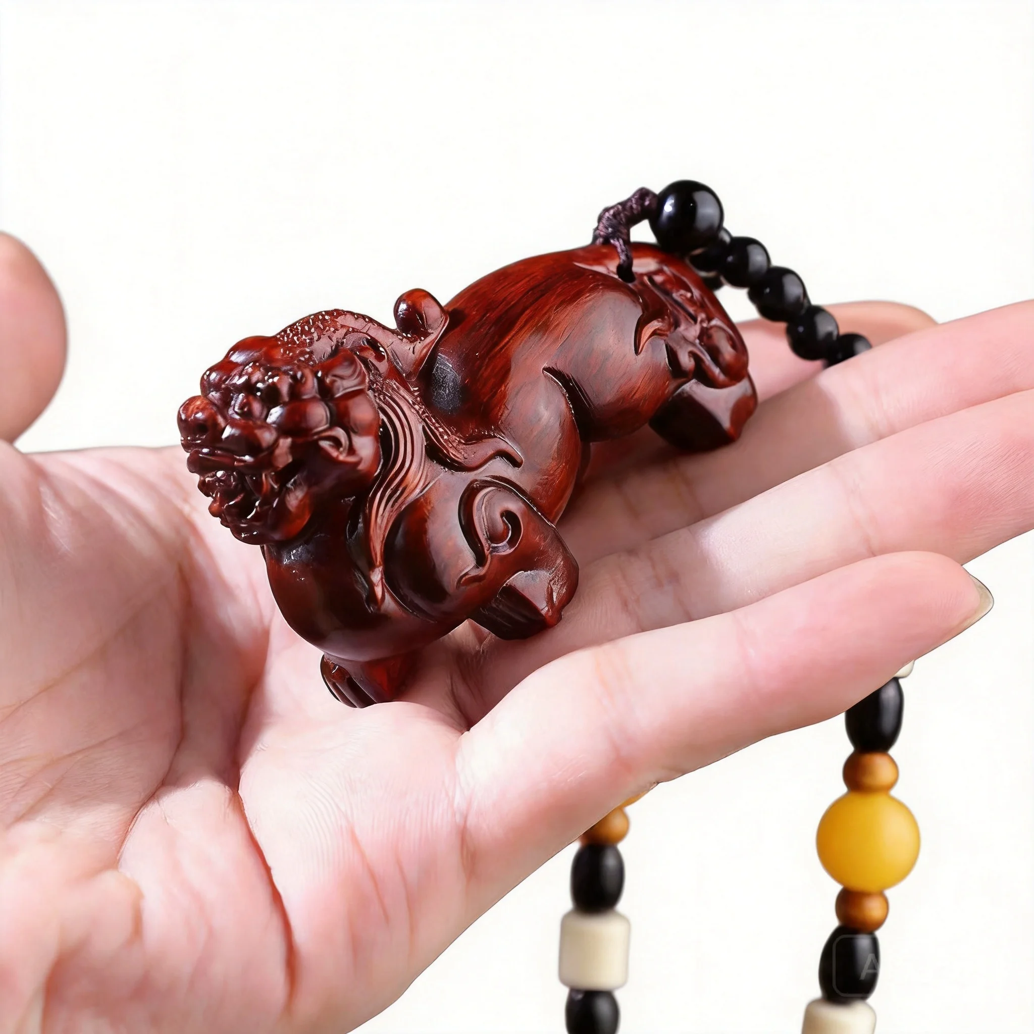 Chinese Style Small Leaf Red Sandalwood Carved Pixiu Lucky Wealth Attract Blessing Hanging Ornament For Car Portable Worry Bead