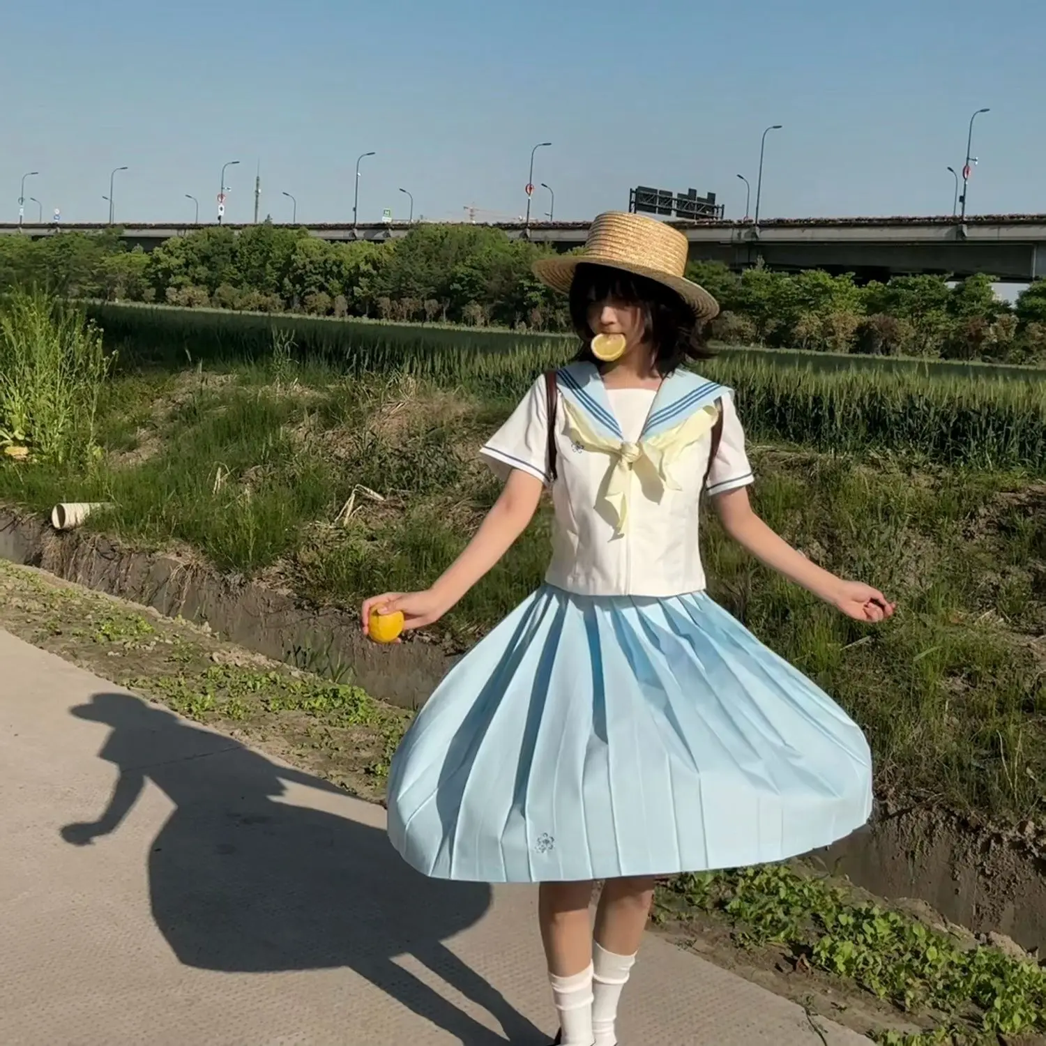 MAGOGO Original Japanese JK Sailor Uniform Skirt Sets Summer Academic Style Kawaii Girl Short Sleeved Shirt + Blue Pleated Skirt