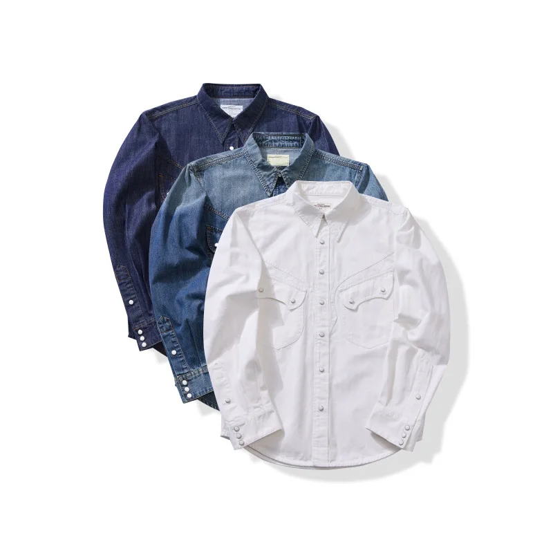 American Retro Pearl Button Original Color Washed Bamboo Knot Western Denim Shirt White Shirt Western Denim Style