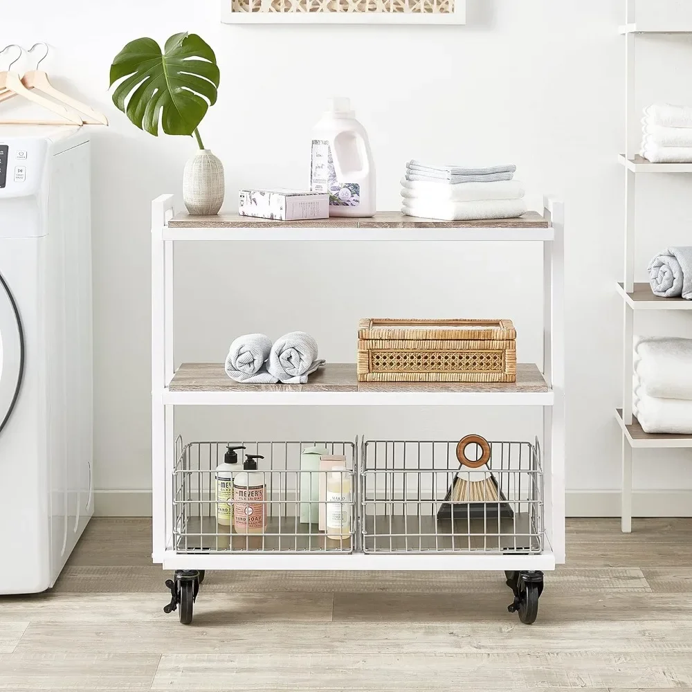 

Modular Mobile Storage Cart System, with Interchangeable Shelves & Baskets, Powder-Coated All-Steel Frame, 3-Tier, Cast