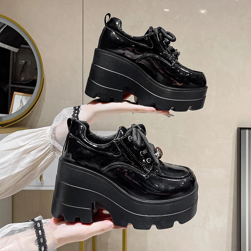 8.5cm Spring New Women's Shoes Heavy Metal Thick Bottom High Top Punk Leather Shoes Gothic Dark Motorcycle Boots Trend