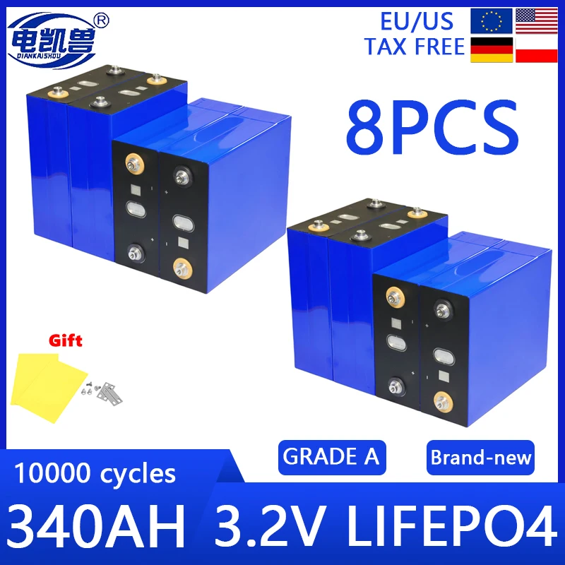 8pcs 10000 Cycles 3.2V 340Ah Lifepo4 Battery Grade A Rechargeable Batteries DIY 12V 24V RV EV Boat Yacht Vans Cells Pack No Tax