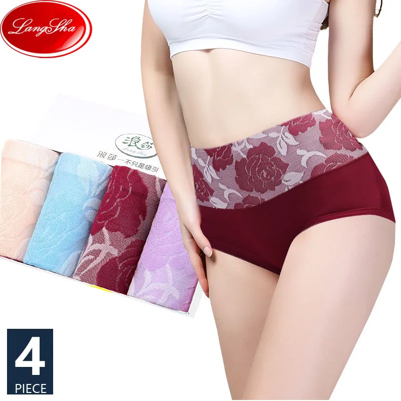 

LANGSHA 4Pcs/Set Women Panties High Waist Cute Print Lady Briefs Cotton Healthy Lingerie Sexy Female Underpants Plus Size XXL