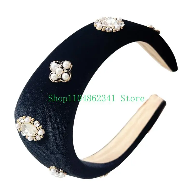 

652F Women's Black Plush Headbands with Pearls Detail Fashion Headbands Comfortable Hair Accesories for Stylish Holiday Looks