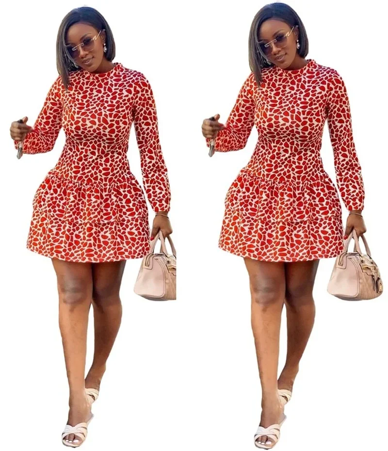 Summer 2024 Women Cottagecore Sexy African Women O-neck Long-sleeved Print High-waist Ruffle Dress Mini Dress Women's clothing