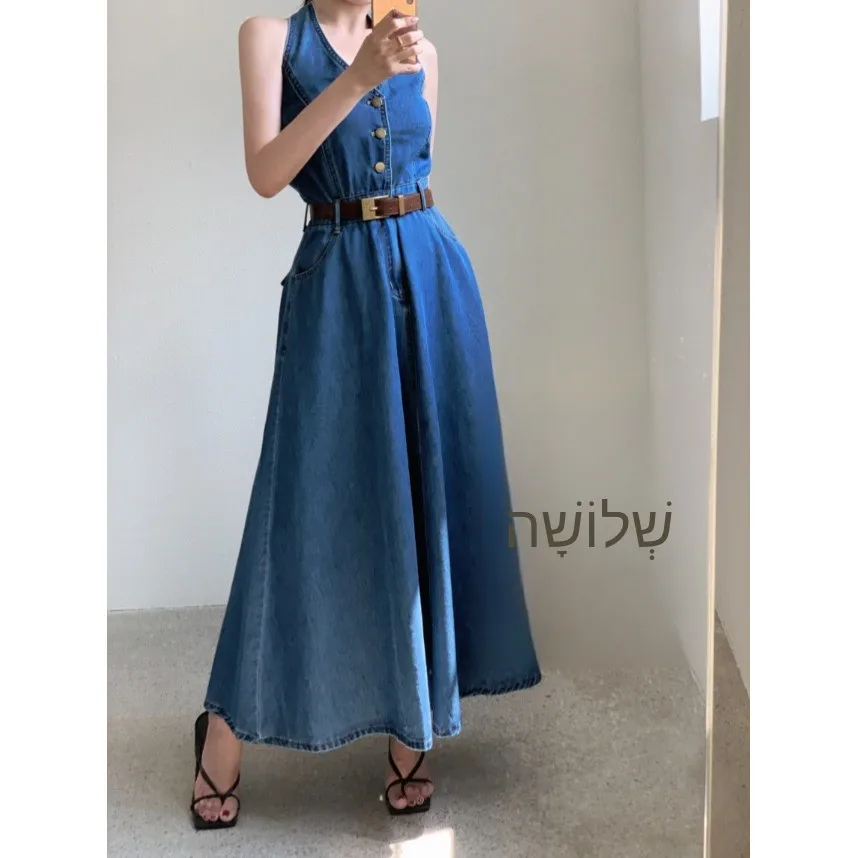 

High Waist Slimming Casual Distressed Sexy Denim Dress Hanging Neck Buttoned Dress Korean Style Dress for Women