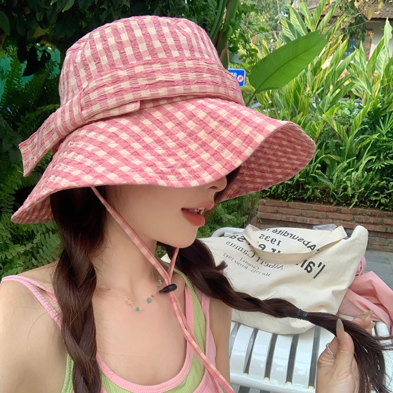 Vintage Pink Plaid Strap Bucket Hat Spring and Summer Korean Ins Fashionable Versatile Big Brim Sun Protection Bow Women's Caps view 2