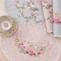 European Vintage Placemat 4pcs Bow Rose Print Oval Lace Leather Placemat Diningtable Decor Kitchen Accessories Coaster Table Mat