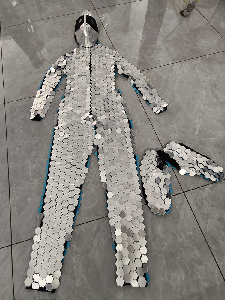 Traje de escenario con espejo plateado, mono futurista de manga larga, traje de actuación de Gogo Showgirl, ropa Rave para Festival de Carnaval VDL3796