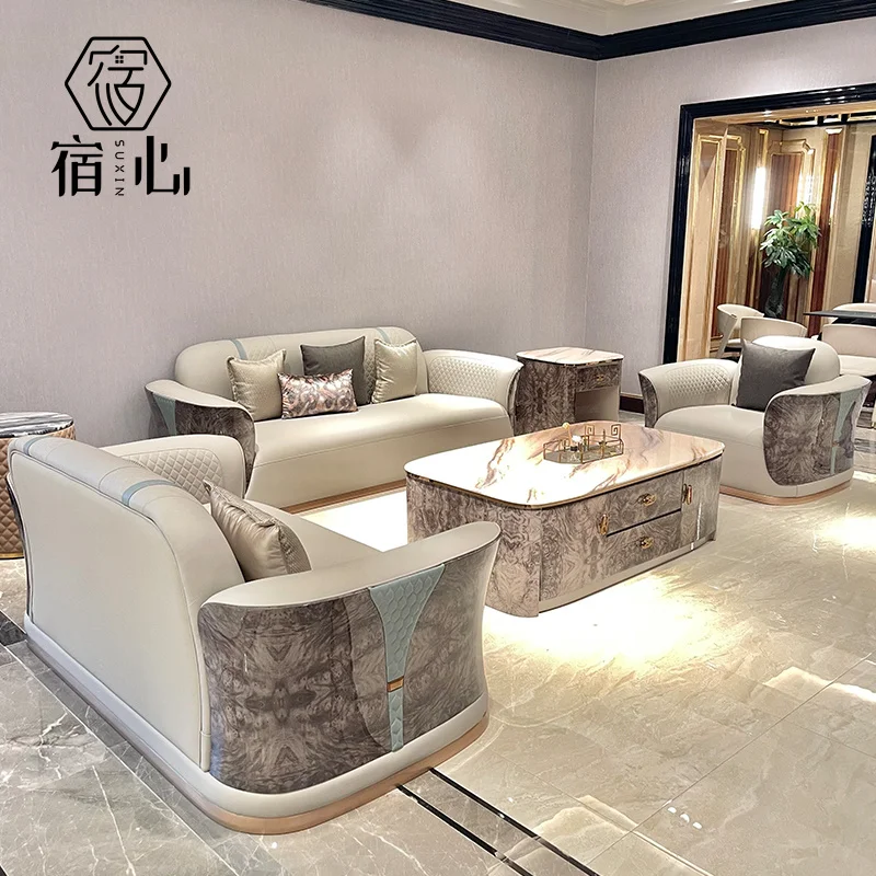 Light luxury modern Italian high -back leather sofa combination villa living room high -end luxury solid wood furniture