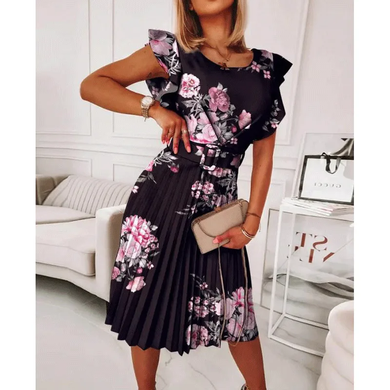 المرأة الصيف الجديدة جولة الرقبة الخصر مطوي كشكش حافة فستان مُزين بطباعة عالية الخصر أزياء عارضة اللباس