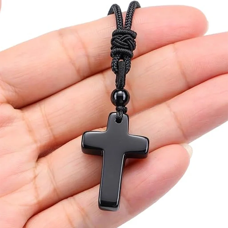 CSJA Natural Stone Cross Pendant Necklace for Man Men Healing Tiger Eye Black Obsidian Crystal Necklaces Women Jewelry Gift H254