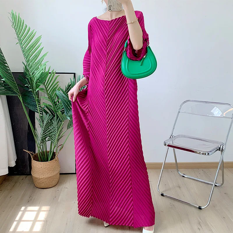 

Long Dress Women Autumn 2024 New Handmade Pleated Loose Lazy Wind Plus Size Round Neck Dress Vintage Robe streetwear