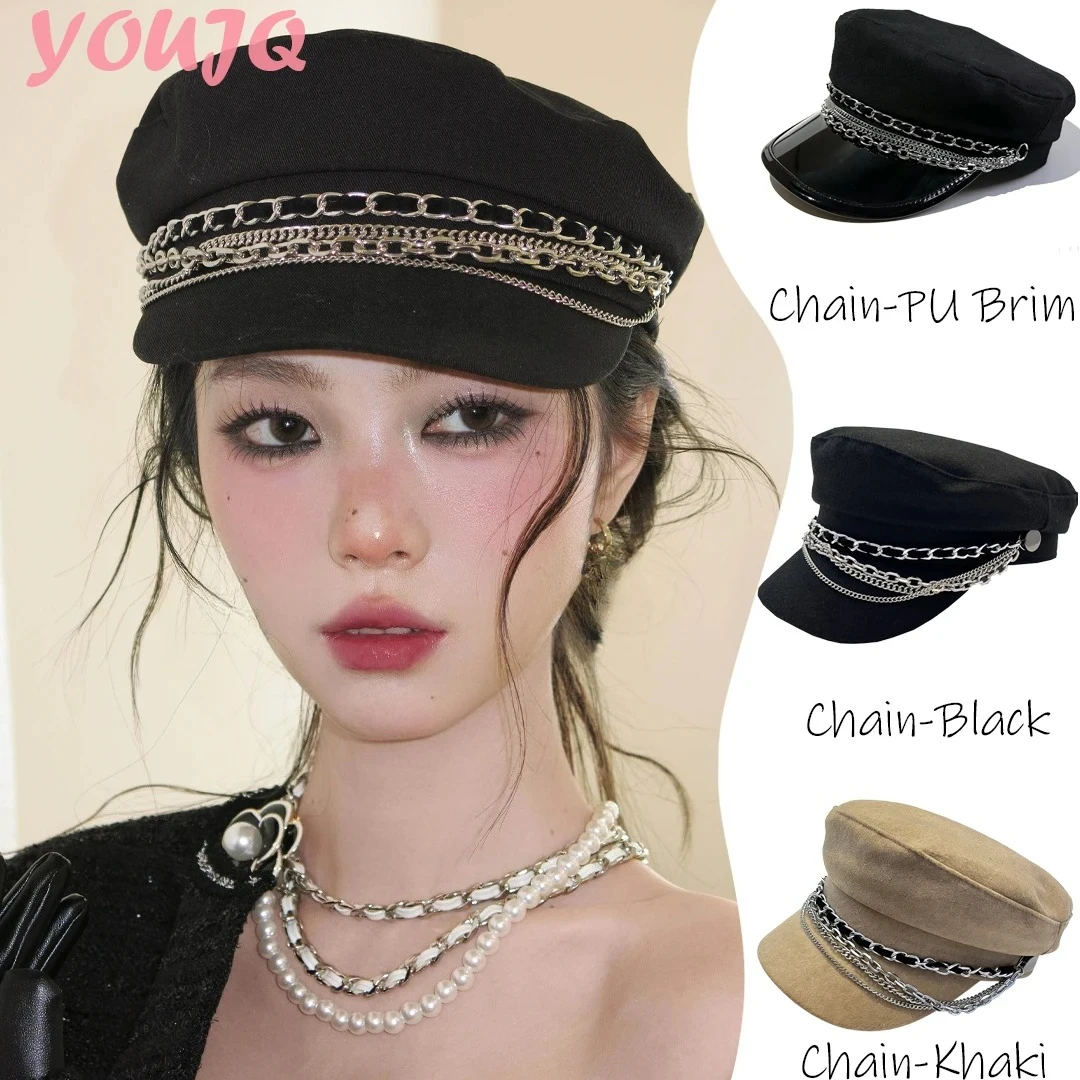 Stylish Navy Sun Hat Casual Military Hats for Women Cotton Beret Flat Cap Captain's Cap Outdoor Casual Chain Letter Hat Boinas