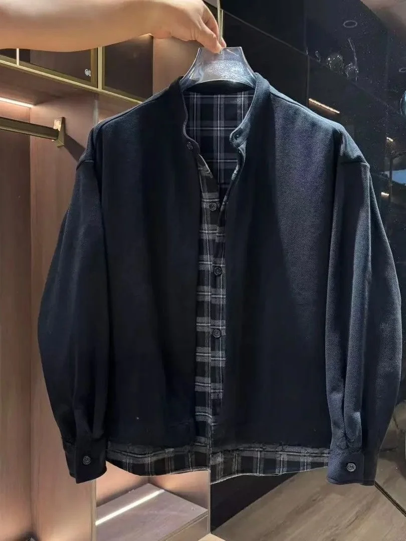 

Retro Plaid Splicing Loose Casual Men's Jaet Autumn 2025 Sli Fake Two-Piece Small Stand Collar Button up Outerwear