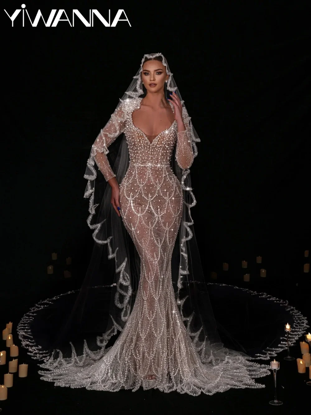 Wunderschönes Illusionsperlen-Hochzeitskleid mit langen Ärmeln, elegantes Meerjungfrau-Brautkleid, individuell gestaltete, glamouröse Kleider mit V-Ausschnitt für die Braut