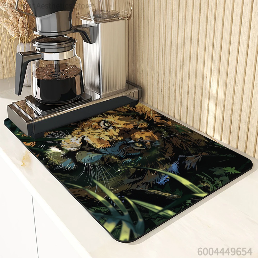 Coffee Mat Lion Jungle Plant Absorbent Draining Dish Drying Mat Dry Bathroom Tableware Hide Stain Rubber Backed Absorbent Mat