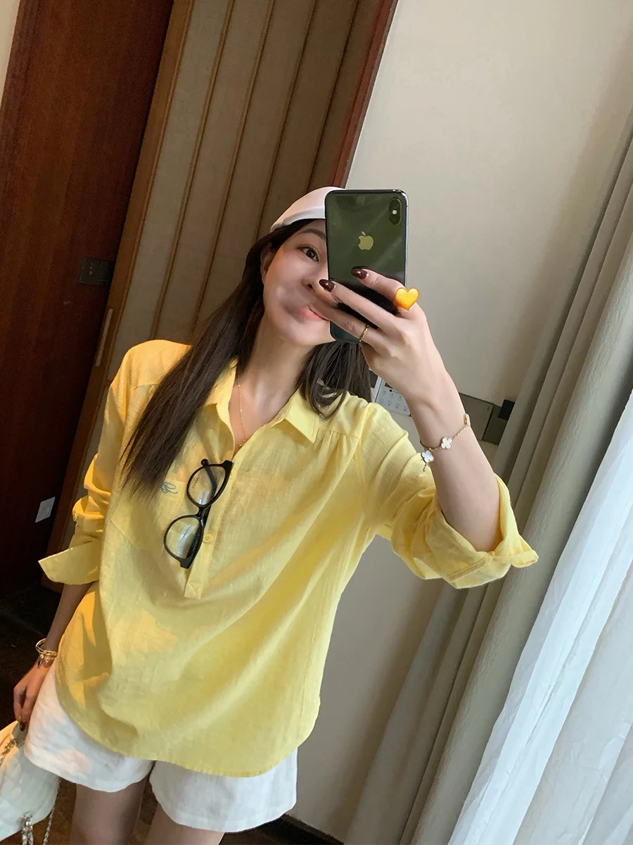

MUKOK Women's Lightweight Long Sleeve Cotton Shirt Breathable Casual Style Commute Friendly Yellow Color Spring Summer New Ar...