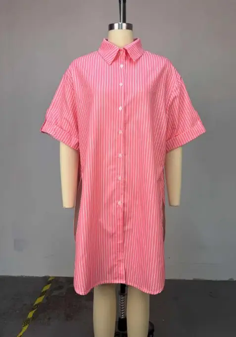 بلوزة حريمي 2025 لربيع وصيف موضة جديدة مخططة مطبوعة بياقة مقلوبة واحدة الصدر وأكمام قصيرة قميص متوسط الطول #4