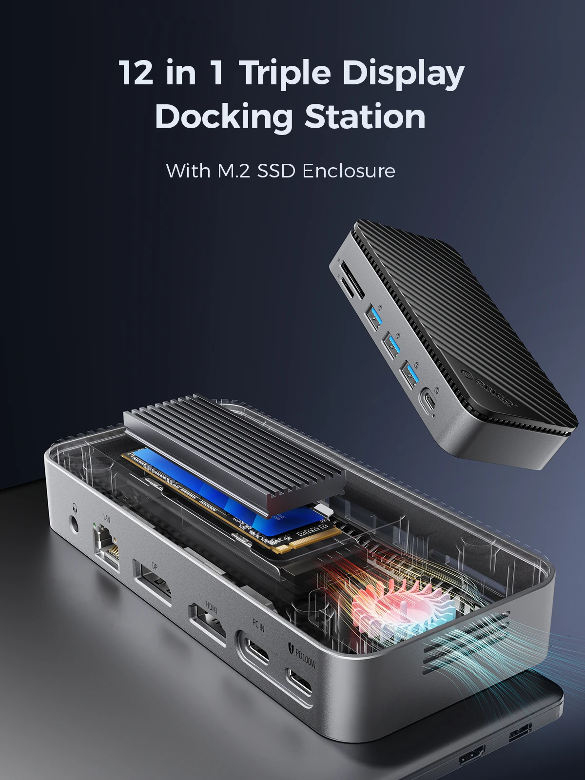 ORICO USB C 12-in-1 도킹 스테이션 허브 냉각 팬 M.2 NVMe SATA SSD 인클로저 외부 10Gbps HDMI-Com RJ45 SD/TF M2P11 상세 이미지 3