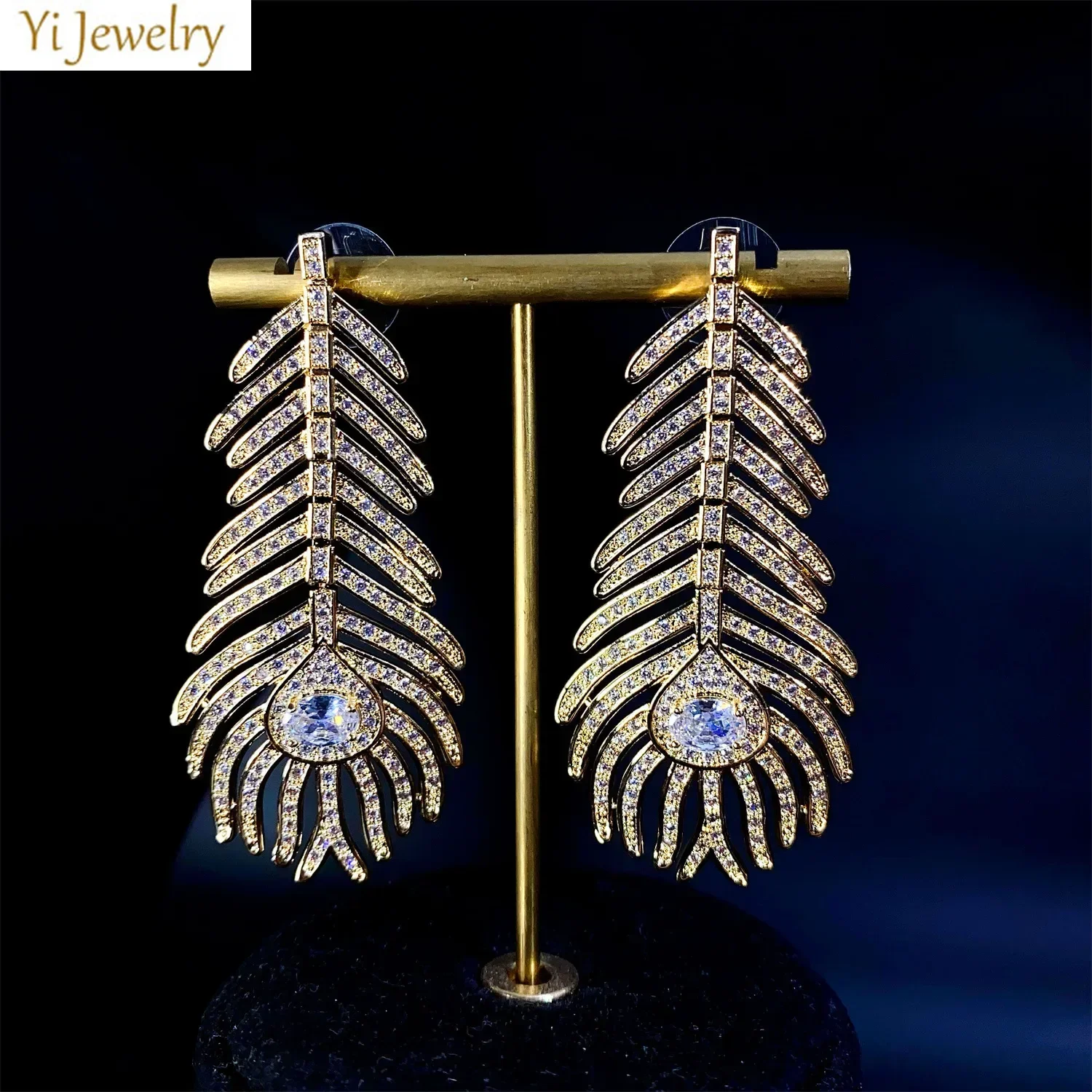 Women Earrings Luxury Jewelry Shiny Zircon White Gold Color Feather Dangle Earrings Wedding Evening Party Bridal Female Gift