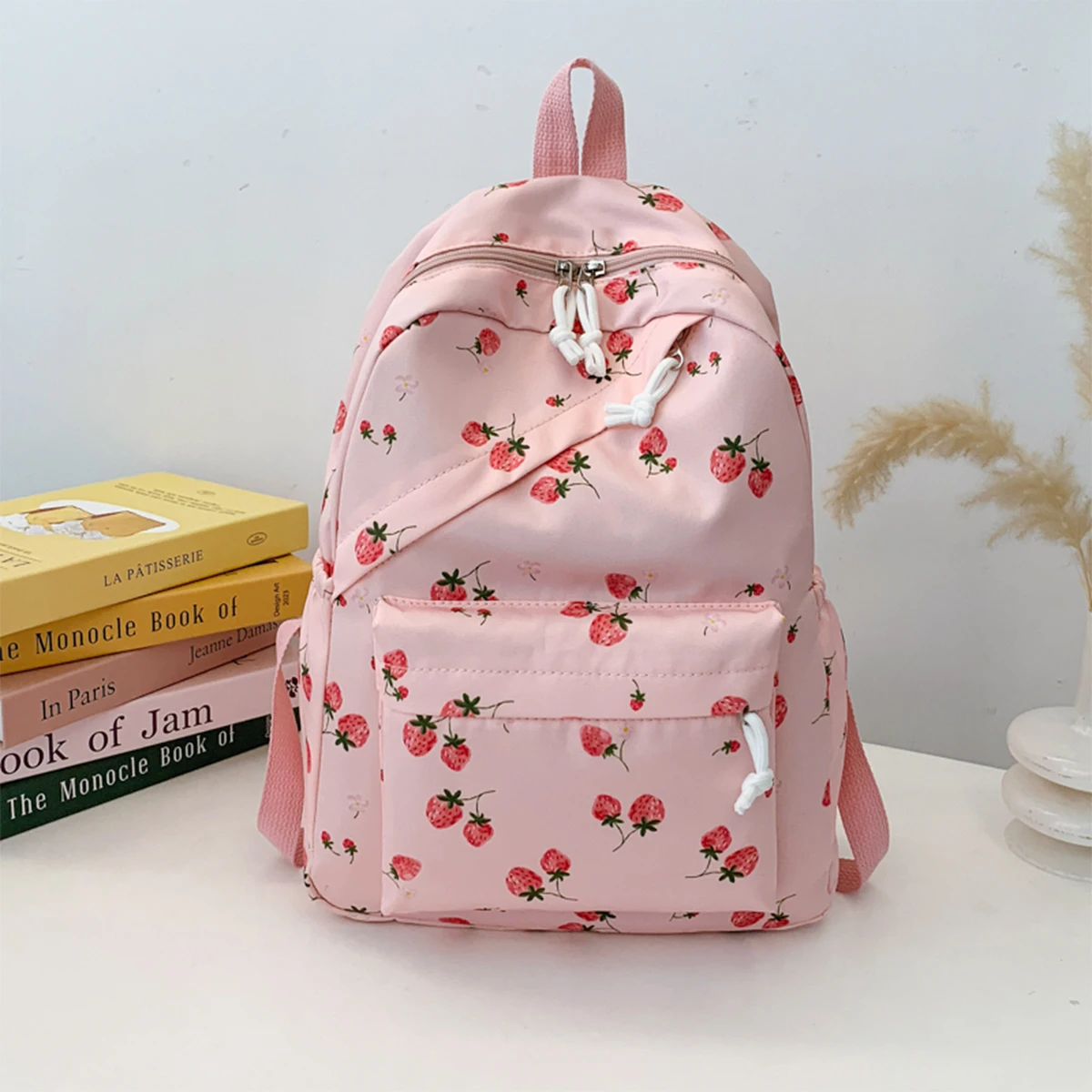 Kawaii الفراولة حقيبة الظهر مجموعة 3 قطعة حقيبة يد وحقيبة قلم مبطن النايلون المرأة حزمة مزدوجة سستة الحرم الجامعي تخفيف أساسيات