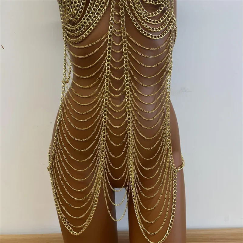 Damenkleid Gold Ganzkörper-Kettenkleid Sexy Neckholder-BH Körperketten-Set Nachtclub Party Bikini Cover-Up Schmuck Damenbekleidung – Detail 12