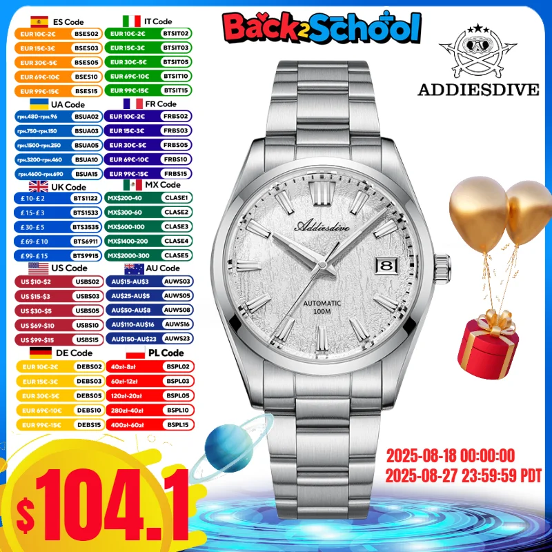 

ADDIESDIVE 39mm 3D Bark Dial Men Watch 10Bar Waterproof BGW9 Blue Luminous Sapphire Glass Automatic Mechanical Watches