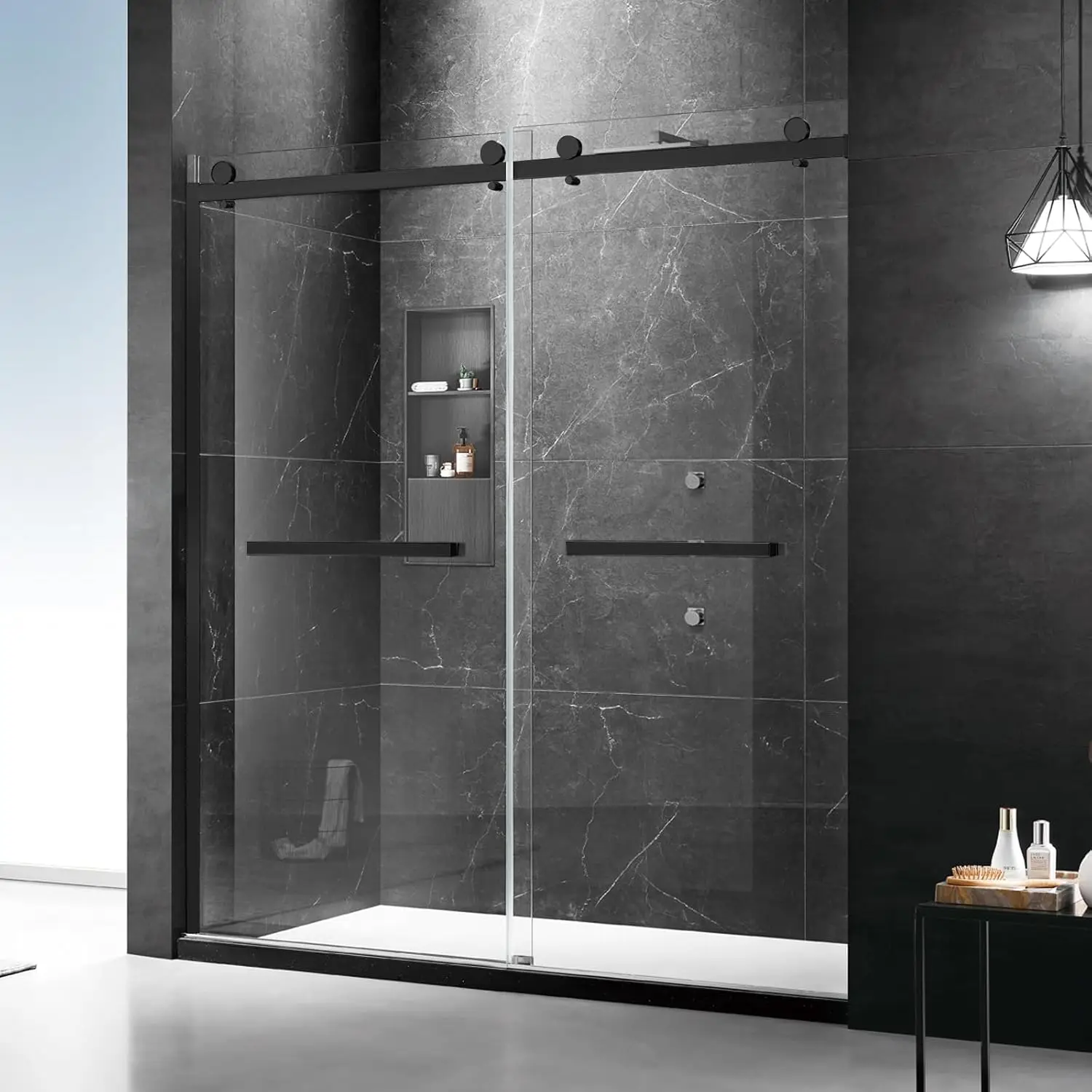 Double Sliding Shower Door, Clear Tempered Glass, 18 inch Pull Handle, Stainless Steel Hardware, Matte Black Finished