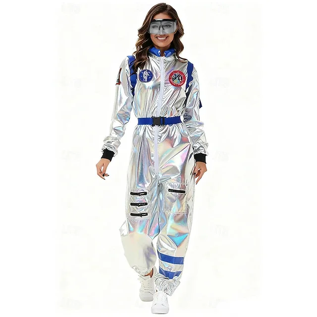 

Silver Astronaut Suit Pilot Laser Uniform Jumpsuit Cosplay Costumes Halloween Costume Performance Clothing for Adults