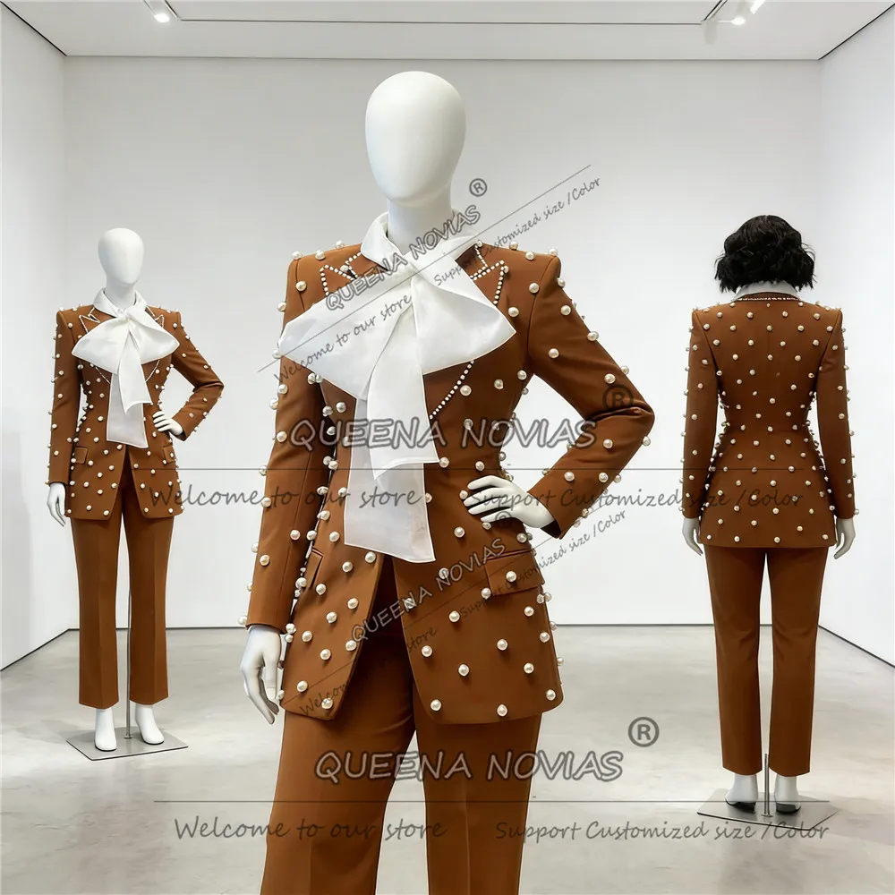 Elegant Pearls Suits Men For Wedding Single Breasted Prom Blazer Pants 2 Piece Set Lady Business Attire Mother Of Bride Dresses
