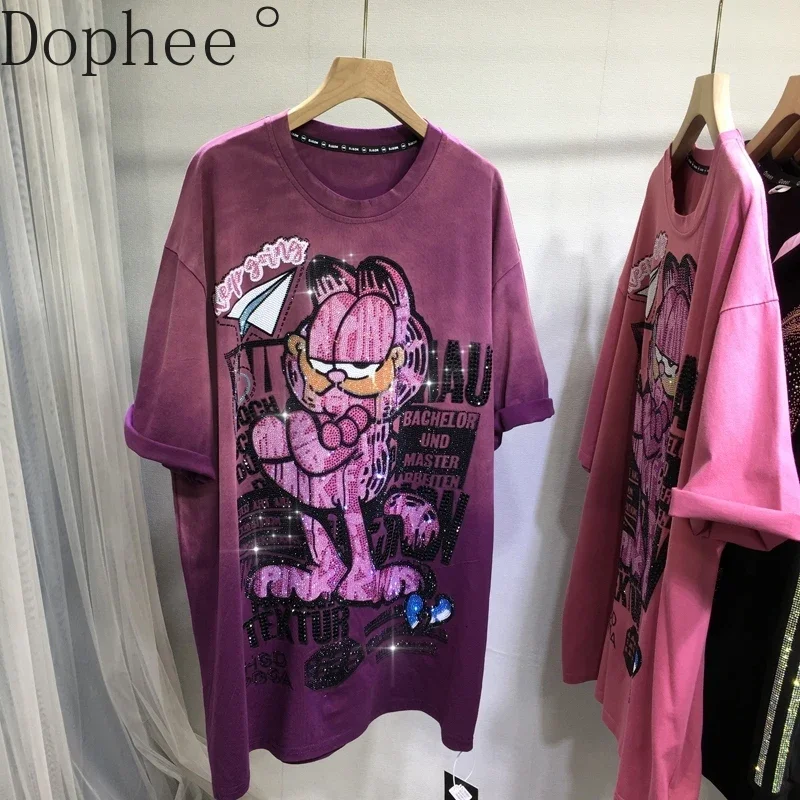 High Quality Cute Cartoon Hot Drilling Women T-shirt New Autumn Winter Gradient Tie-dye Loose Cotton Tee Short Sleeve O-neck Top